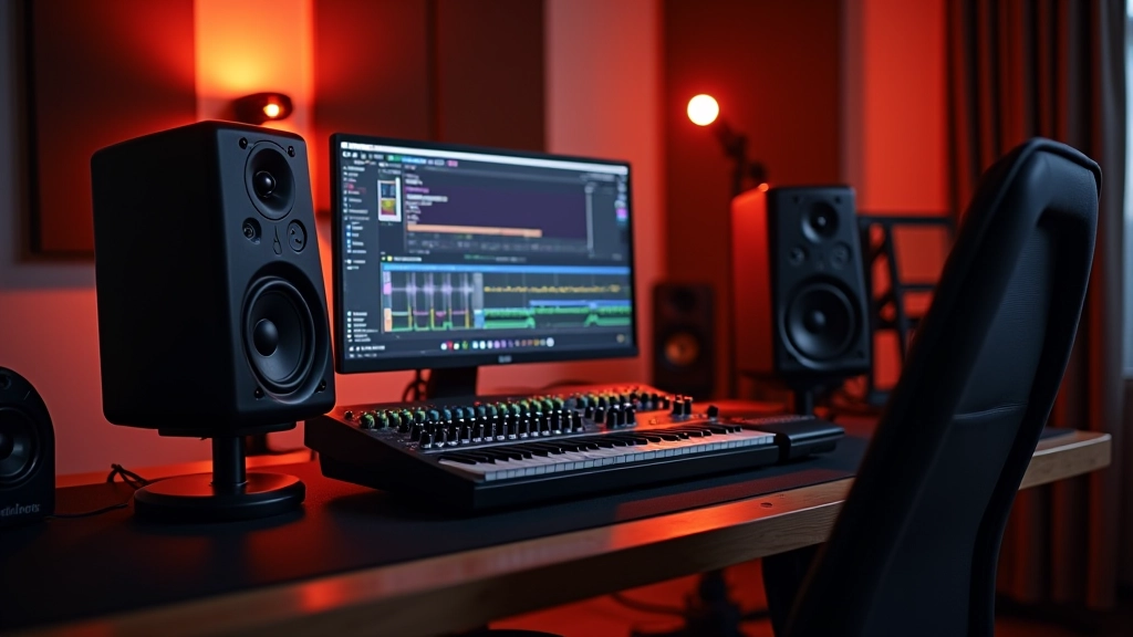 Audio mixing console and speaker setup in professional sound studio environment