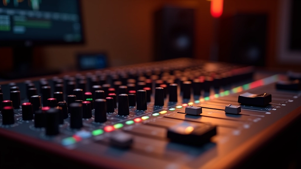 Professional audio mixing console with equalizers and sound level meters in a modern recording studio