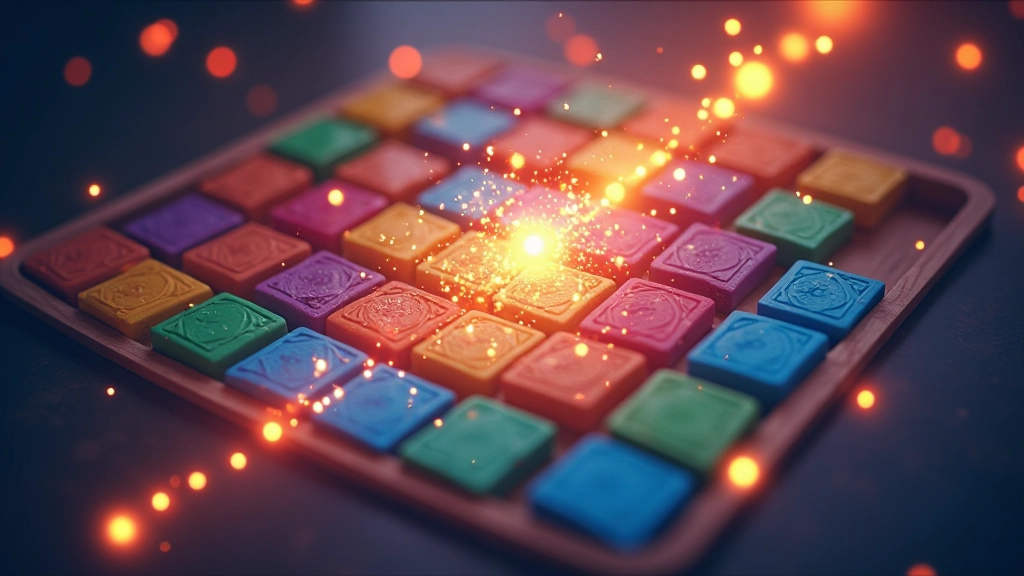 Puzzle game grid with colorful matching tiles and combo effects