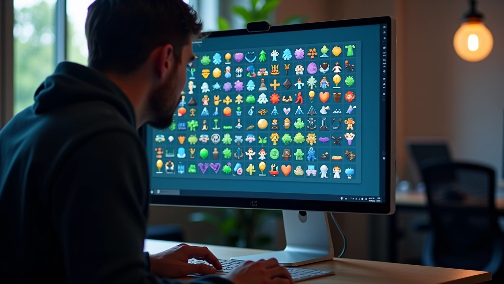 Computer monitor displaying sprite sheet grid with character animation frames arranged in rows