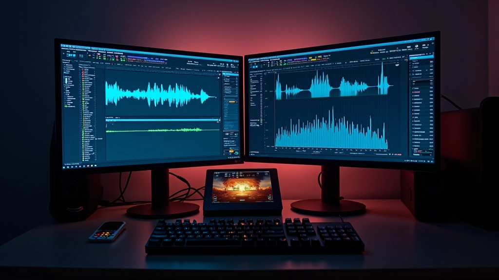 Computer monitor displaying audio waveform visualization and DAW software with multiple audio tracks and effects