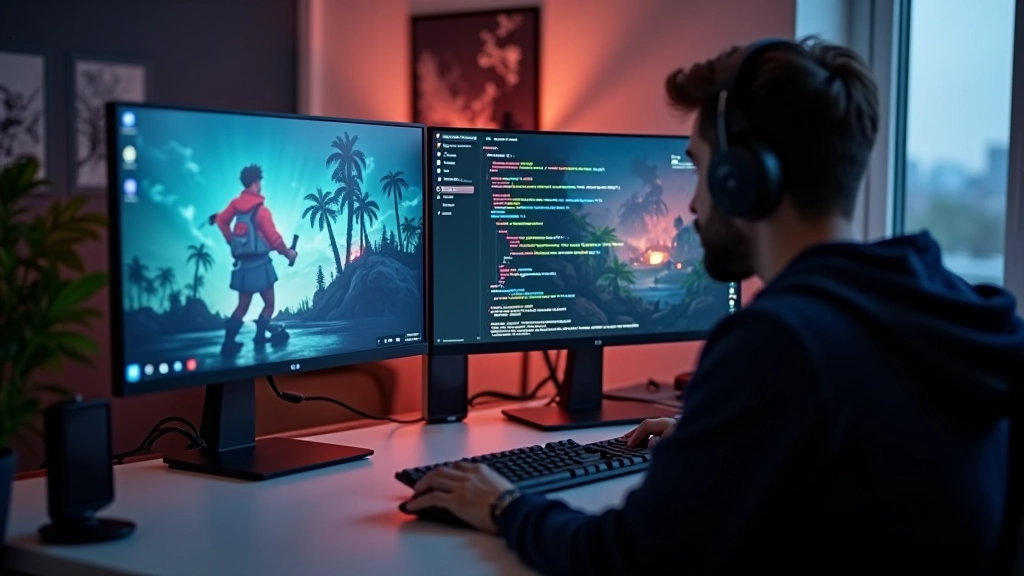 Computer monitor displaying colorful game graphics and code editor side by side