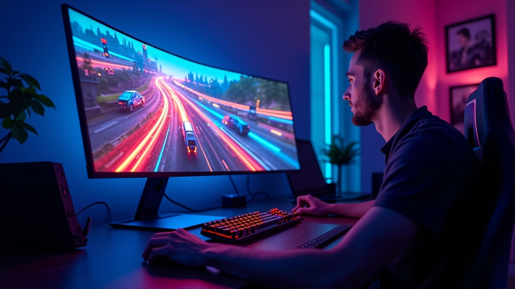 Computer monitor displaying colorful game graphics with bright animations and interactive elements on screen
