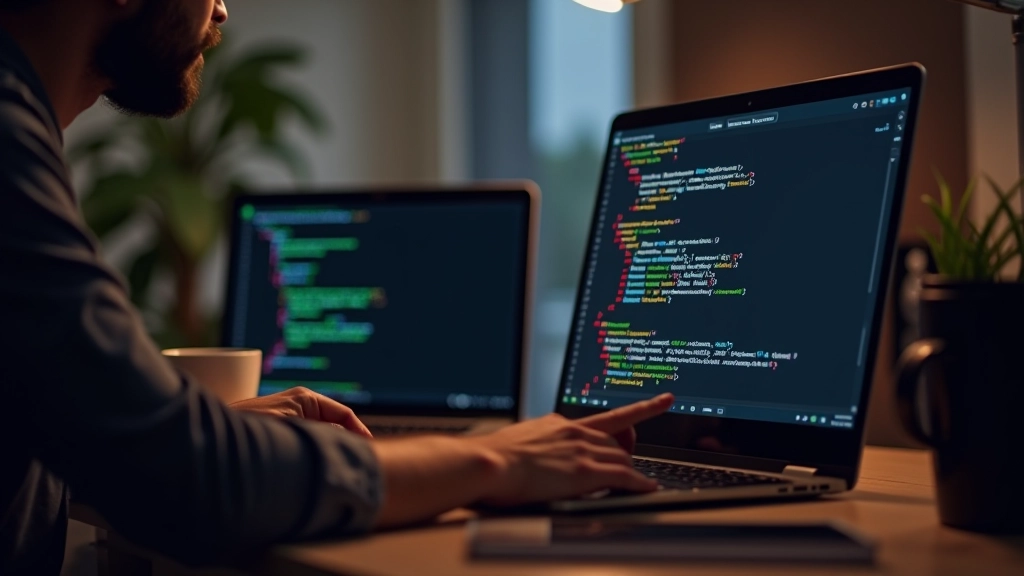 Laptop screen showing JavaScript code editor with sprite animation function visible, syntax highlighting active