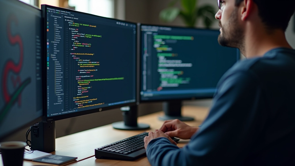 Development workspace with code editor and design materials