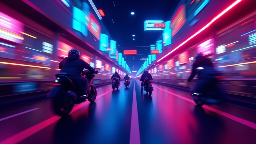 Fast-paced arcade-style game with neon colors and score display