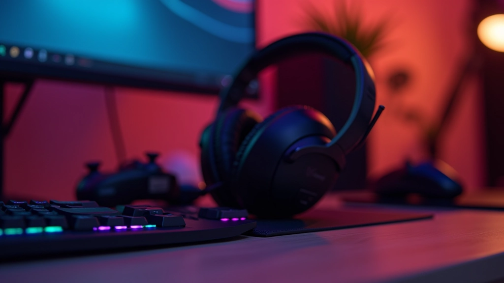 Gaming headphones on wooden desk with RGB lighting, game controller visible, minimalist desk setup with soft ambient lighting