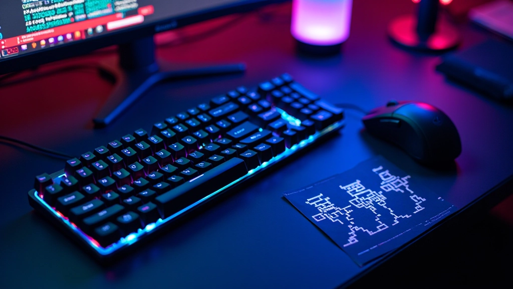 Keyboard and mouse on gaming desk with multiple colored game character sprites displayed