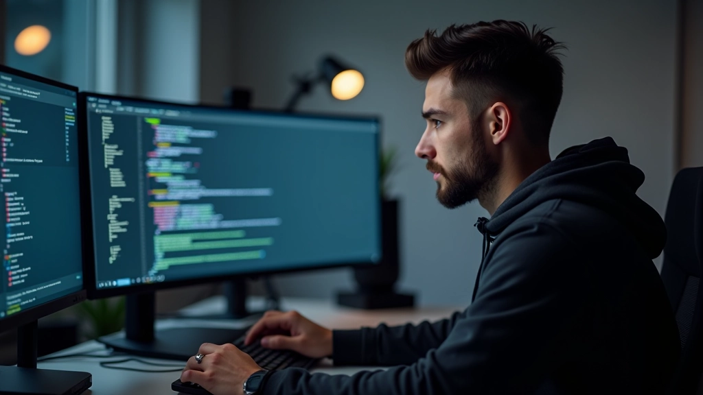 Developer working on HTML5 game code with canvas graphics displayed on monitor