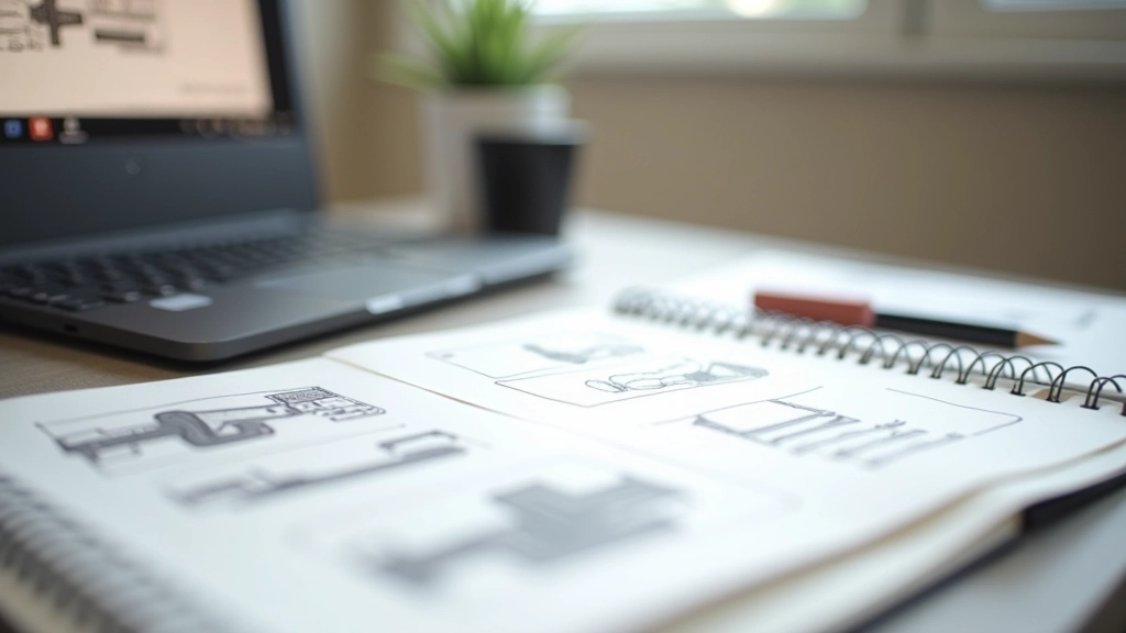 Game development workspace with notes, sketches, and laptop showing game design document