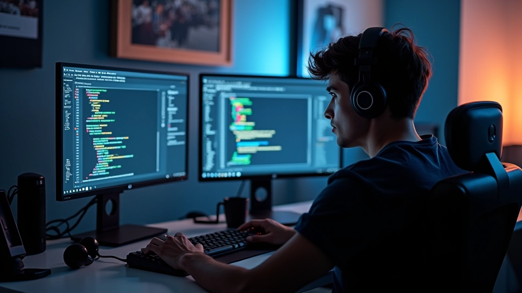 Game development workspace with multiple monitors and development tools