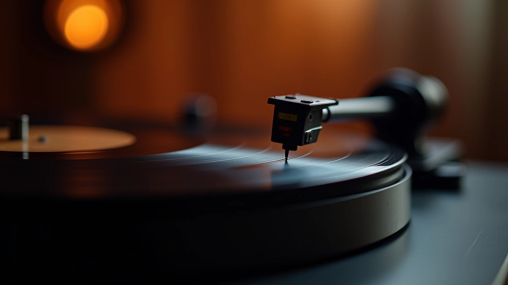 Close-up of vinyl record spinning on turntable with stylus tracking grooves in dim warm lighting