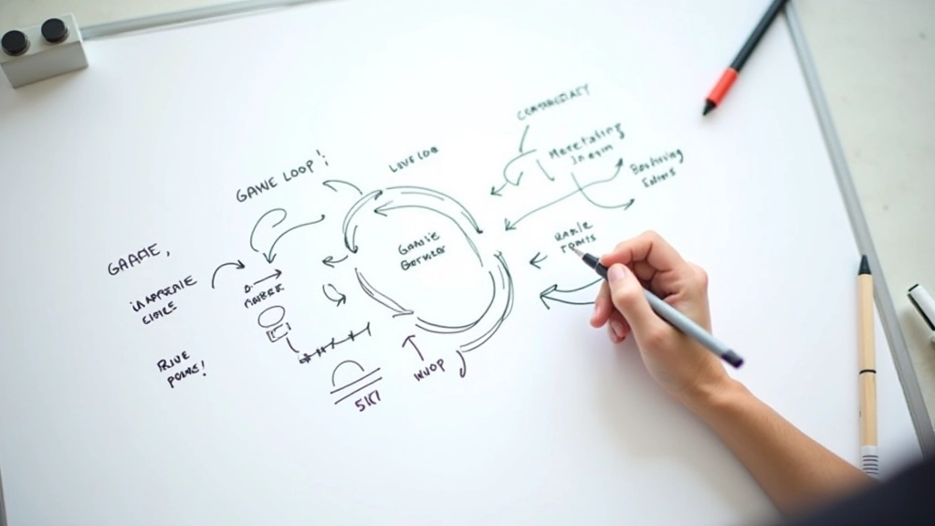 Whiteboard sketches showing game architecture diagrams, state flow, and game loop structure with annotations